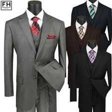 VINCI Men's Pinstripe 3-Piece Suit 38S-62L, 4 Colors, Classic Fit - NEW