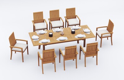 9-Piece Outdoor Teak Dining Set: 94  Rectangle Table, 8 Stacking Arm Chairs Goa