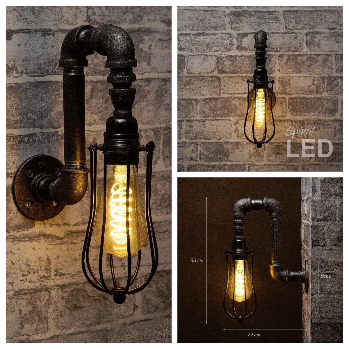 Black industrial iron pipe wall light with cage & bulbs Korzystna cena, wysoka jakość