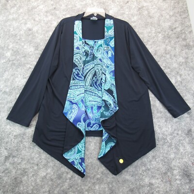 Jaclyn Smith Blouse Womens 1X Blue Paisley Print Long Sleeve Open Front Casual*
