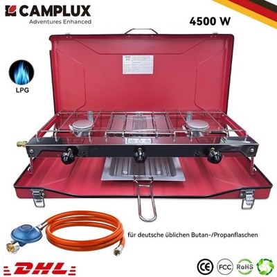 CAMPLUX 3 Flammig Rot Tragbarer Campingkocher Gaskocher Schlauch Regler 50 mbar