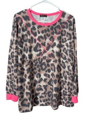Hemish USA Pullover Top Size Large Leopard Crewneck Long Sleeve Brown Pink NEW