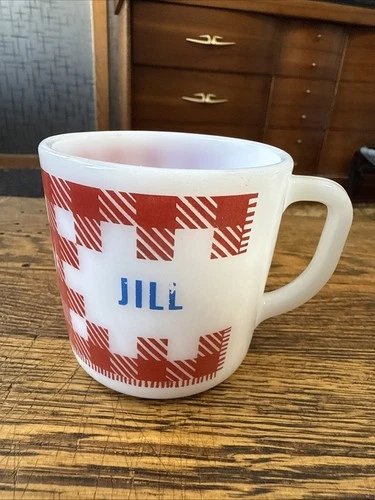 Vintage Federal Glass Red White Plaid Gingham Coffee Mug, Jill MCM, Milk Glass