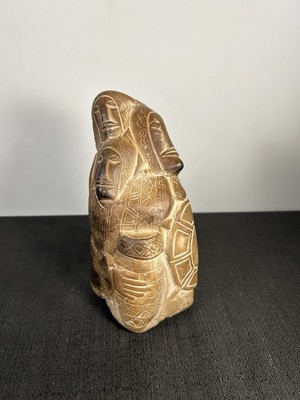 Vntg Hand-Carved African SoapStone Sculpture, Tribal Faces & Snake 