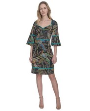 Vince Camuto Leaf-Print Piped-Trim Dress Women's 14 Black Multi Zipper Closure