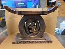 Vintage Ashanti Wood Hand Carved Ghanaian Stool Head Rest Gyename Adinkra Symbol