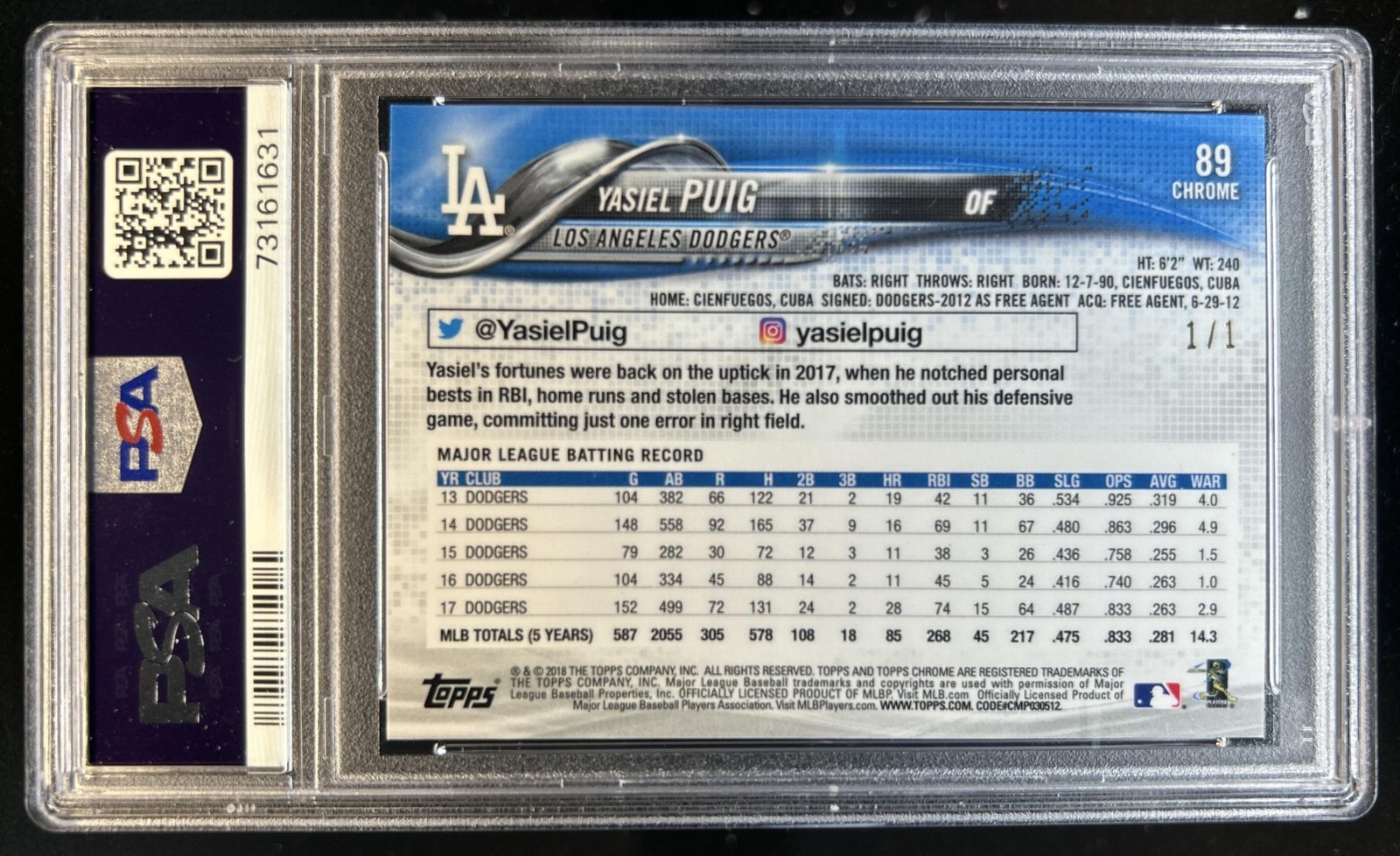 2018 Topps Chrome Sapphire Yasiel Puig SuperFractor #1/1 Dodgers PSA 9 view 2