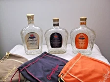 Lot of 3 Crown Royal Empty Glass Bottles With Lids And Bags