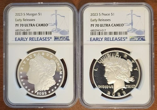 2023-S Morgan & Peace Dollars 2-Coin Set - NGC PF70 Ultra Cameo ER Blue Label