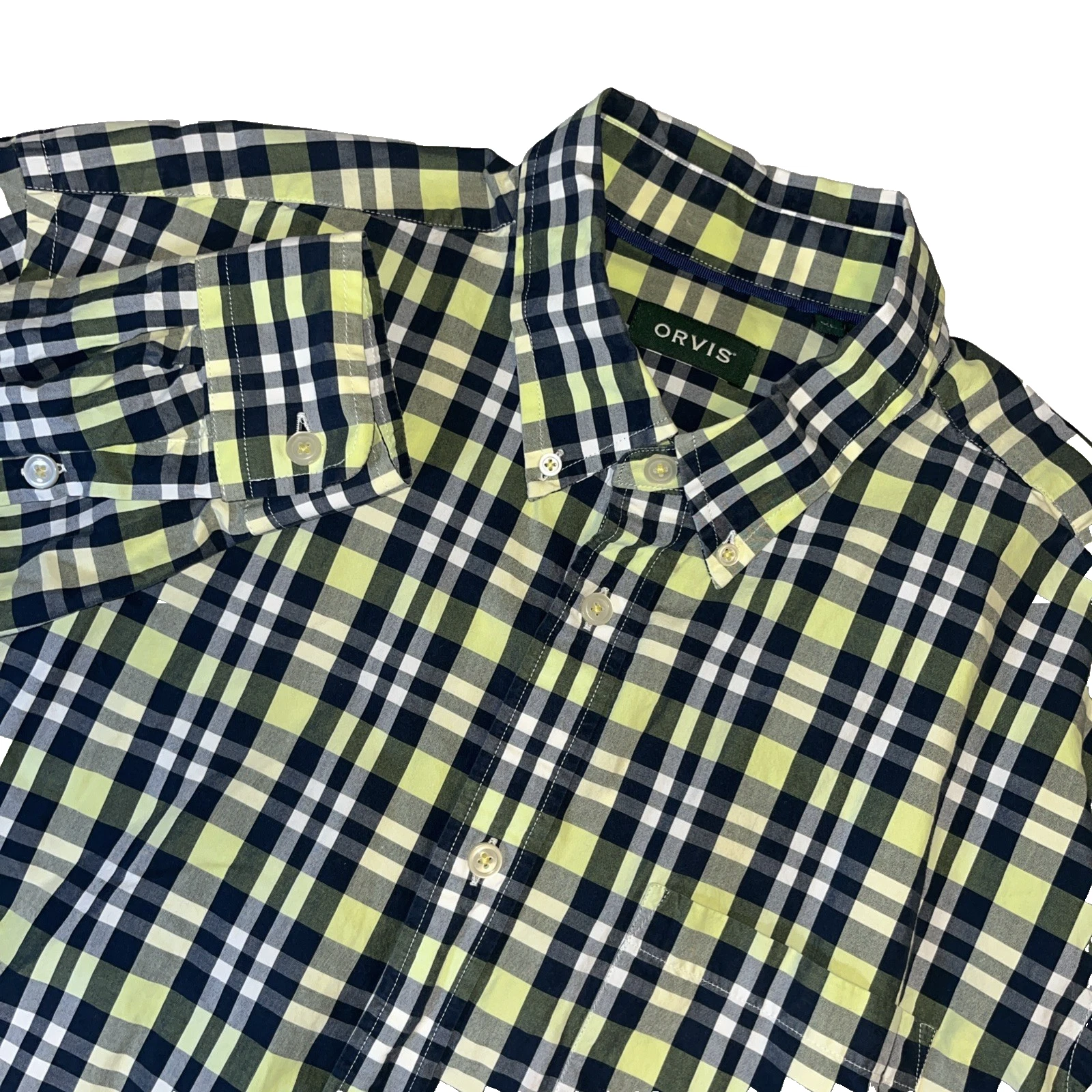 Orvis Green Navy Plaid Shirt XL Button Down Top Long Sleeve Casual Outdoor