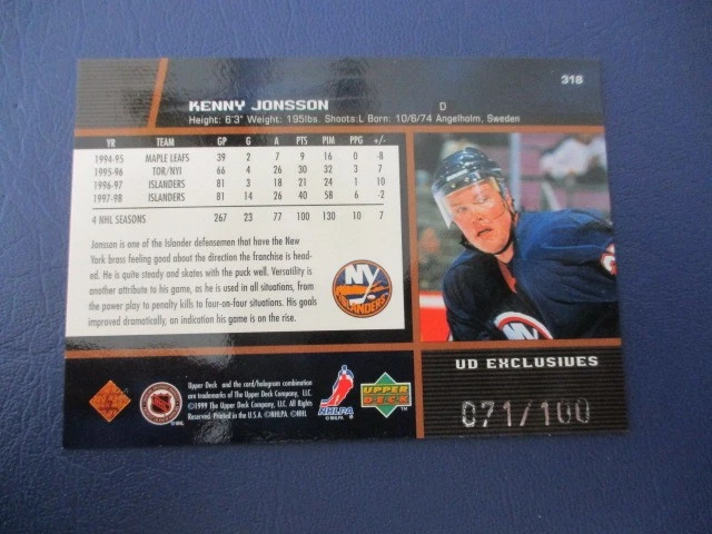 1998-99 UD Exclusives Hockey  #318 Kenny Jonsson Islanders /100 - Image 3 of 4