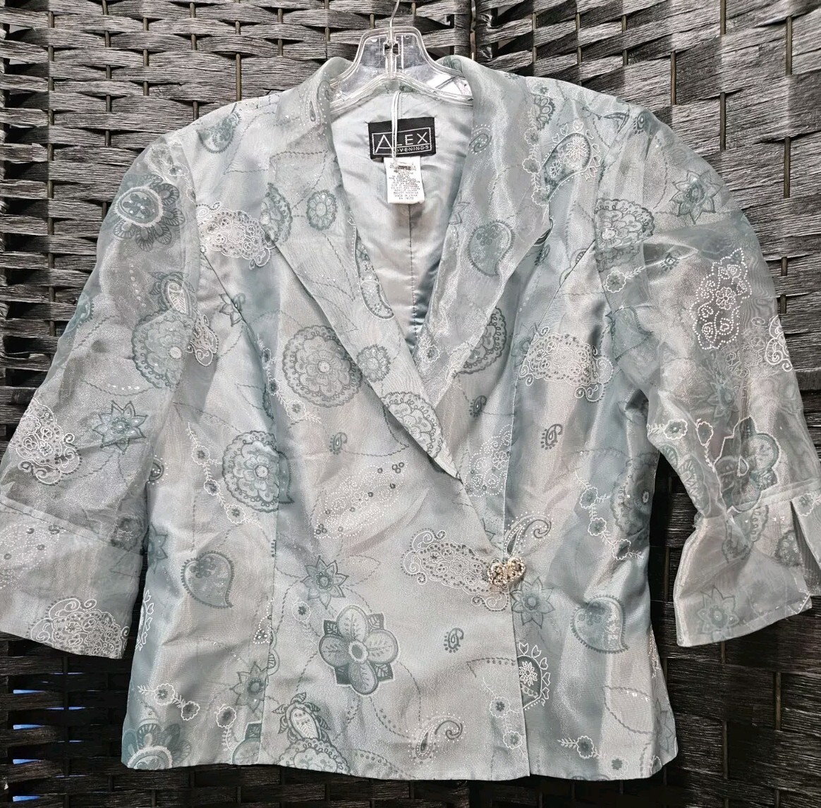 Women's Evening Floral Jacket Green Paisley Collared Stone Clasp