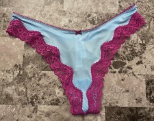 NWT VICTORIA'S SECRET TEASE BLUE SMOOTH FUSCHIA LACE BOW HIGH LEG THONG PANTIES