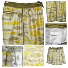 Men's Large Silky Swim Suit Trunk Shorts Bottom Islander Fish Print Taupe Gold