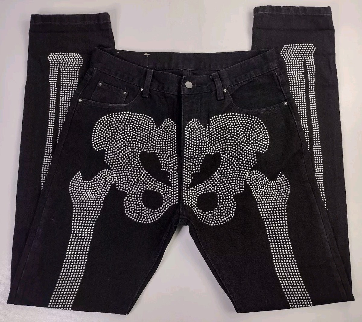 MNML Mens Skeleton Rhinestone Black Jeans 33x36 Unique Art2wear