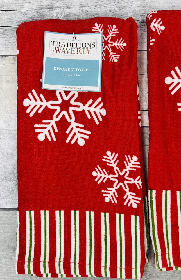 Toallas de cocina vintage Waverly Navidad copos de nieve rojo blanco - Lote de 3 Foto 3 de 4