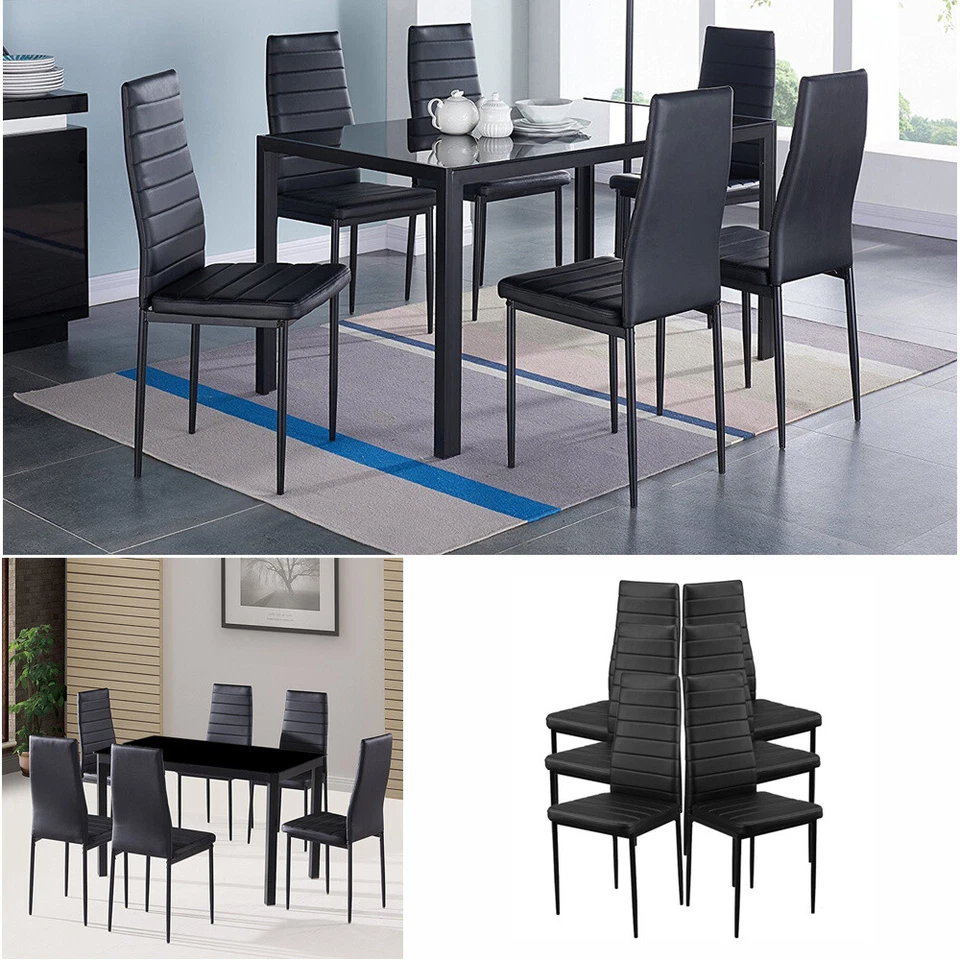 Black Dining Table &Chairs 4/6 Set PU Leather Seat Dining Kitchen Room Furniture - Image 2 of 4