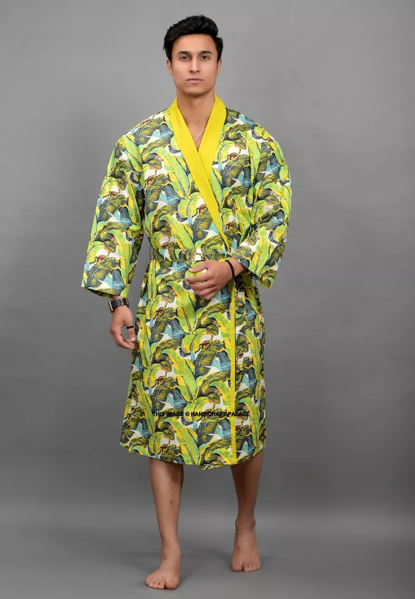 100 Soft Cotton Dressing Gown Luxury Leaf Printed Bathrobe Men s