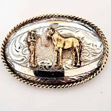 VTG TEX TAN STERLING Silver Western Horse Halter Belt Buckle Yehaw VIDEO + Pics