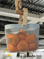 IKEA RISATORP Wire Basket Blue, Wood Handle Fruit Vegetable Bowl 9 ¾ x10 ¼ x7 "