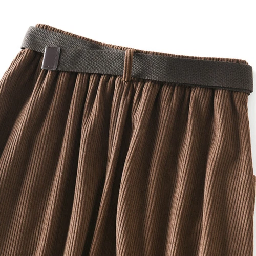 Women A-line Midi Skirt High Elastic Waist Pleated Belt Thermal Button Down - Picture 8 of 22
