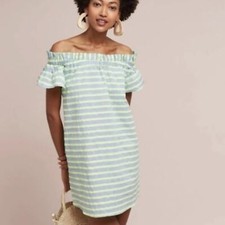 Anthropologie Corey Lynn Calter Neon Seersucker Striped Off Shoulder Dress Small