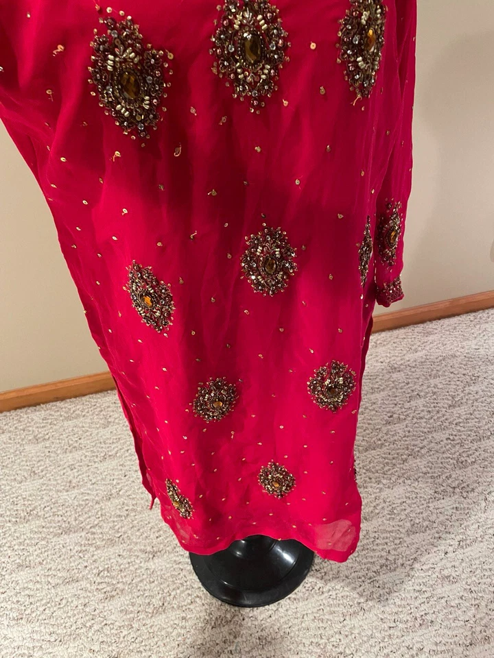 Damas Fiesta Rojo Con Cuentas Doradas Largo Paquistaní Vestido Camisa Talla M Foto 4 de 4