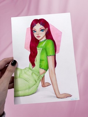 Original Drawing Copic Mixed Media Green Pink Fashion Illustration A5 OOAK