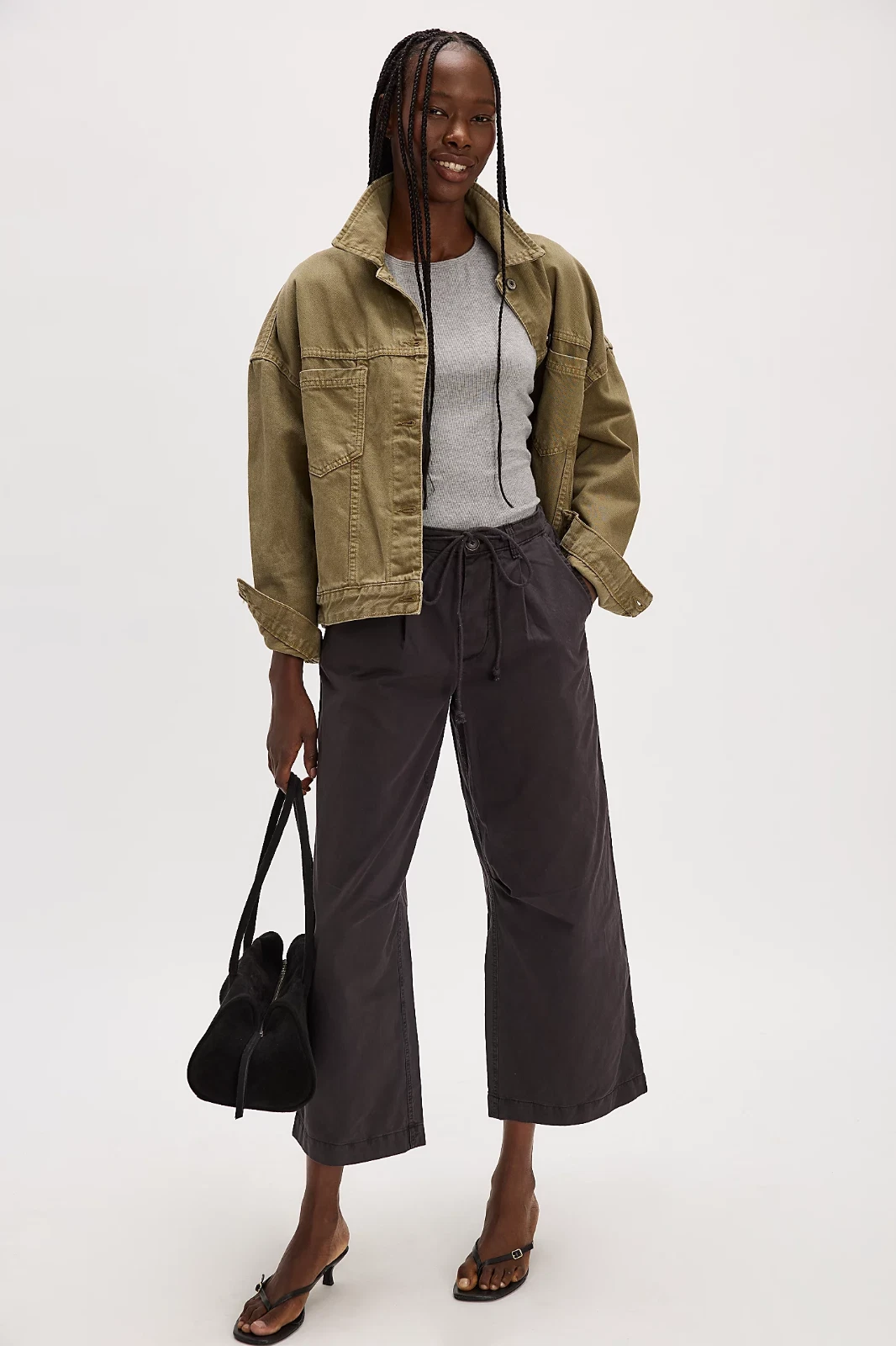 Free People Bobbi Tie Trousers Pant L 10 Women's Mid Rise Black Pants NWT 44801