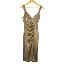 Guess Gold Metallic Ruched Midi Dress Bodycon Cocktail Party Glam