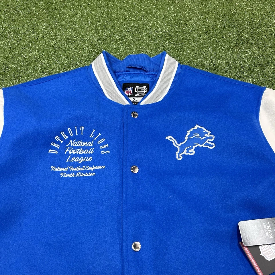 Detroit Lions NFL Team Apparel Faux Wool Varsity Bomber Jacket Size XL NWT $160 - Image 3 of 4