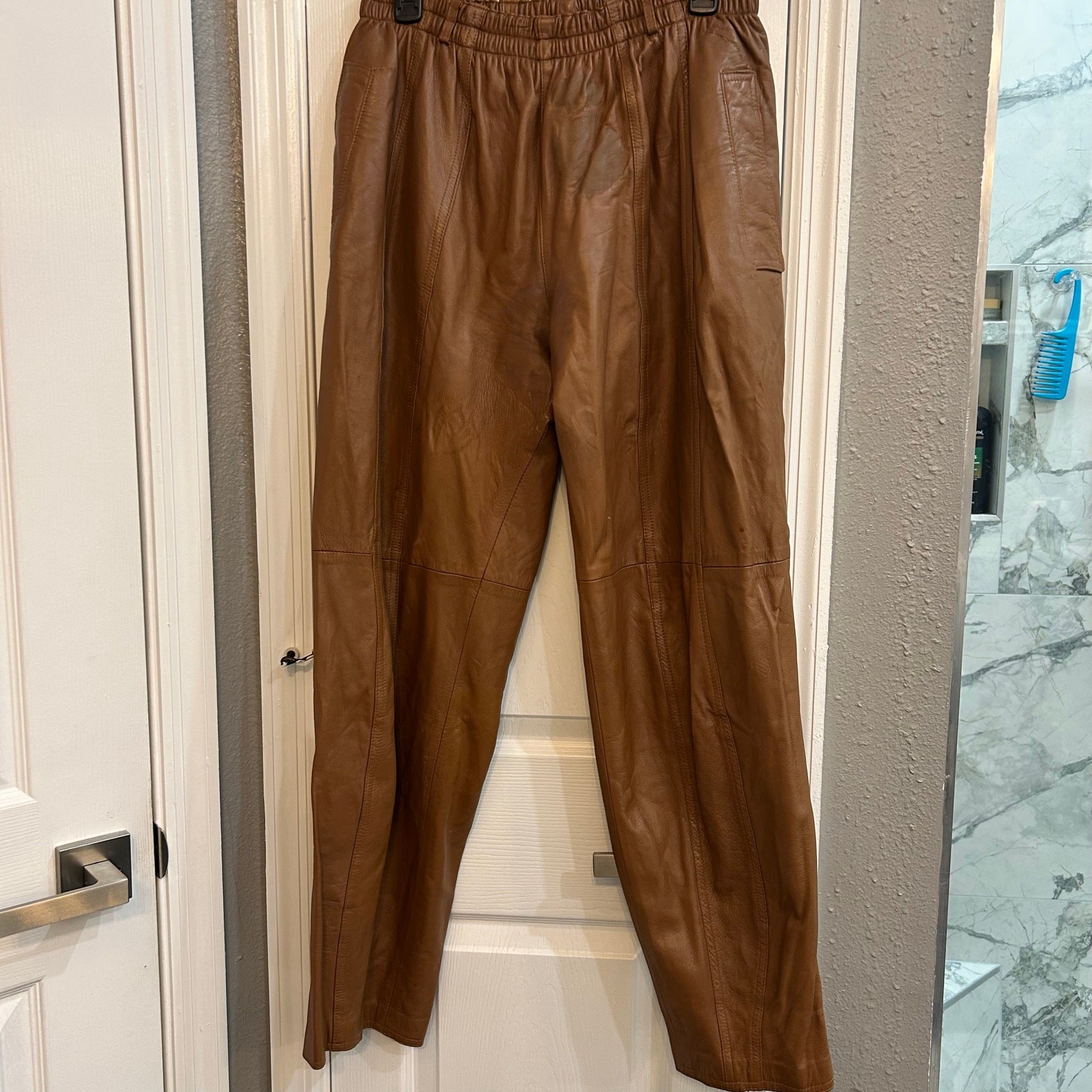 Vintage Deerskin Leather Pants Brown Elastic Waist Straight Leg Size 16