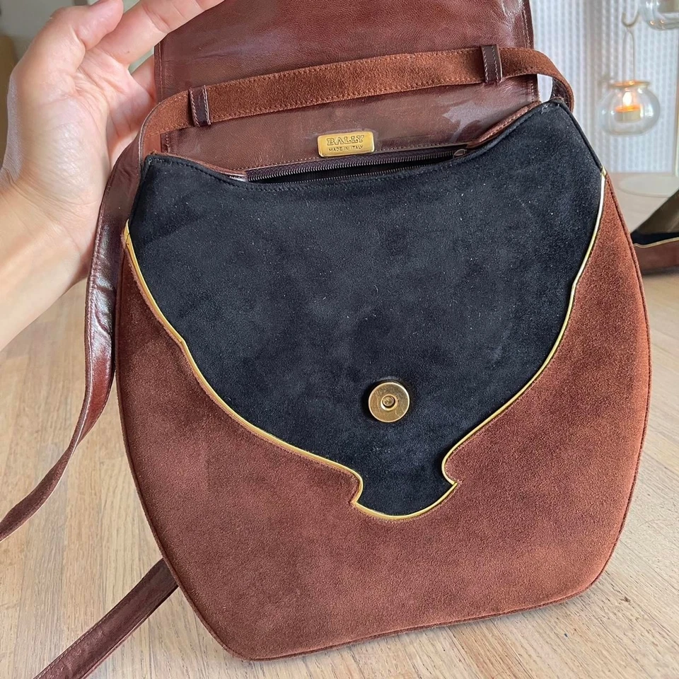 Raro conjunto de tacones de gamuza marrón y negro Bally de colección de los 80 y monedero a juego talla 7,5 M Foto 4 de 4