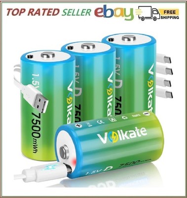 Rechargeable D Cell Batteries 4 Pack, 1.5V 7500mwh Lithium LR20 Battery D Size w