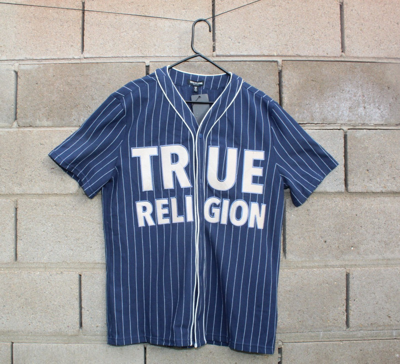True Religion baseball jersey shirt men S medium blue pinstripe world OFFER new