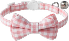 Breakaway Cat Collar with Bow Tie Bell Adjustable Safety Plaid Pet Collar Pink