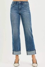 RISEN Plus Size 4 Way Stretch Slouchy Straight Jeans With Cuffed Hem