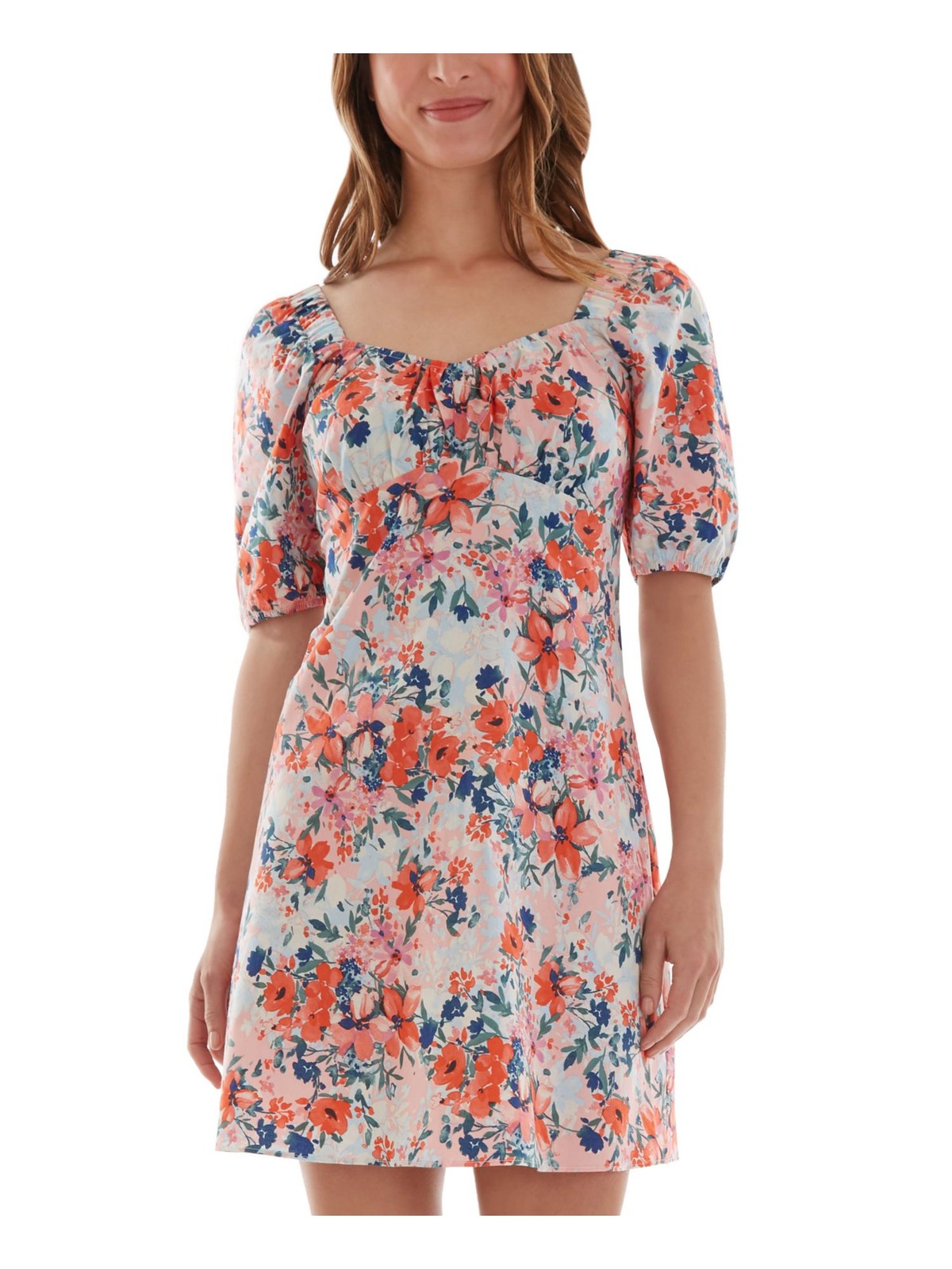 BCX Womens Fit + Flare Mini Dress Pink Pouf Sleeve Sweetheart Neckline Juniors L