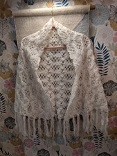 White Crochet Orlon Acrylic Shawl with Fringe