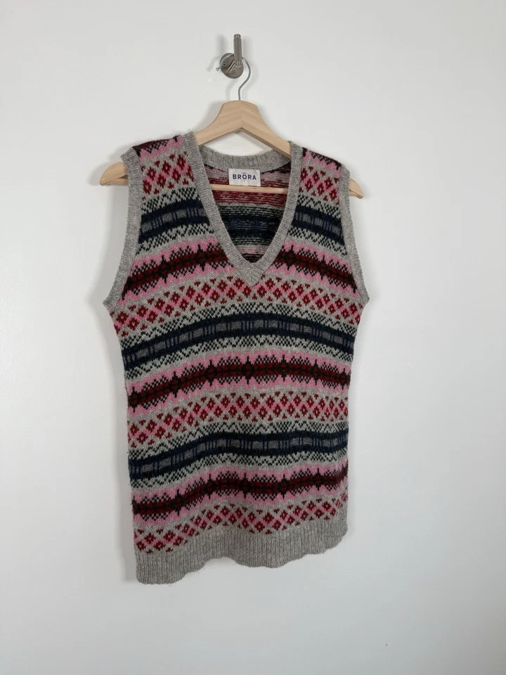 Brora Knitted Vest Size Uk 12 Wool Red Fair Isle Nordic Tank Sleeveless Sweater - Image 3 of 4