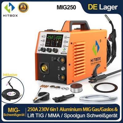HITBOX 6in1 250A 240V Aluminium MIG TIG ARC Schweißinverter Gas/Gaslos Spool Gun