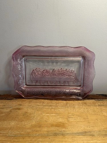 Vintage Tiara Indiana Glass Bread Plate Tray Pink 11" x 7 The Last Supper