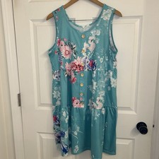 Women's Floral Print Sleeveless Aqua Blue Summer Dress With Button Accents XXL