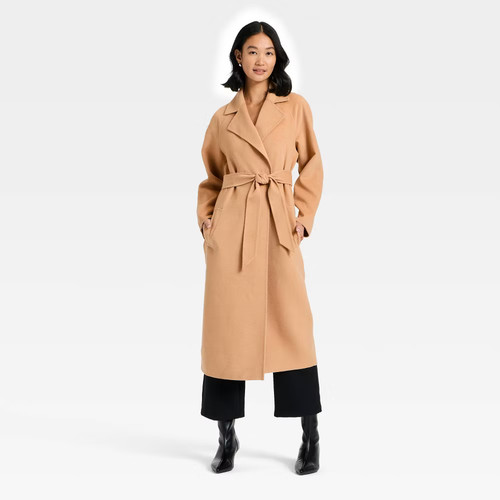 Women Double Faced Wrap Coat - A New Day Camel XL