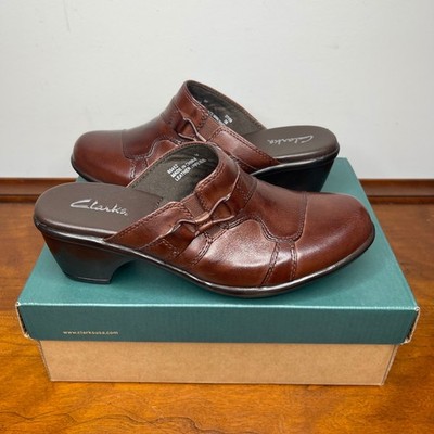 Clarks Albertina Brick Brown Leather Mules Clogs Block Heel Womens 5M