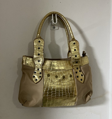 Bijoux Terner Beige Gold Crocodile Embossed Studded Zip Satchel Top Handle Bag