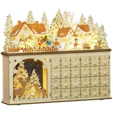 HOMCOM Christmas Advent Calendar, Light Up Wooden Countdown Calendar with 24 Dra