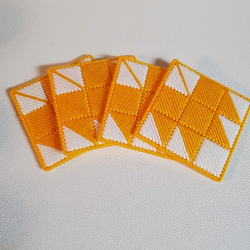 Plastic Canvas Cross Stitch Coaster Set Handmade Craft Yellow White No