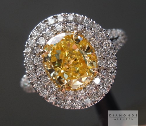 1.64ct Fancy Intense Yellow Oval Shape Halo Ring GIA R3683 Diamonds by Lauren - Picture 2 of 11