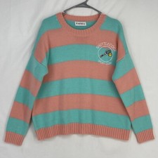 Free Valley Womens Large Pullover Sweater Retro Peach Green Stripes Embroidered